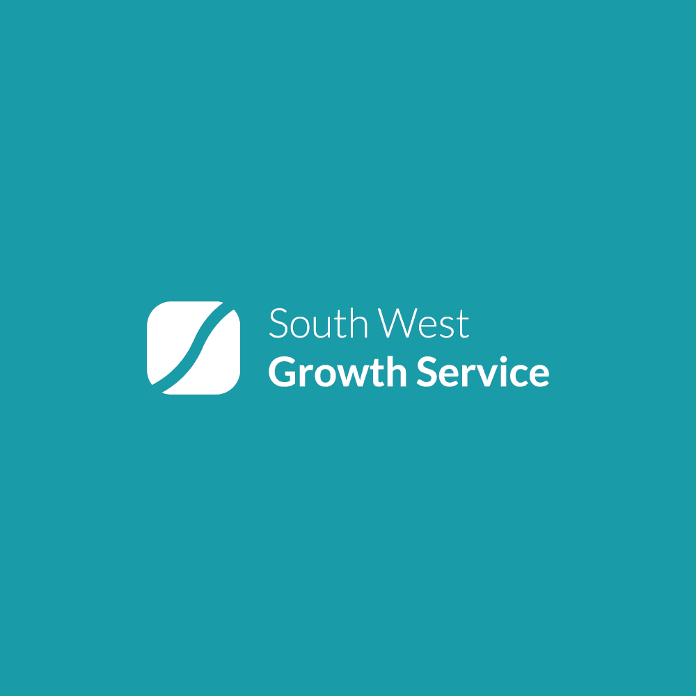 South West Growth Service logo on teal background featuring a white curved mark and modern typography that reads South West Growth Service, high-contrast brand mark