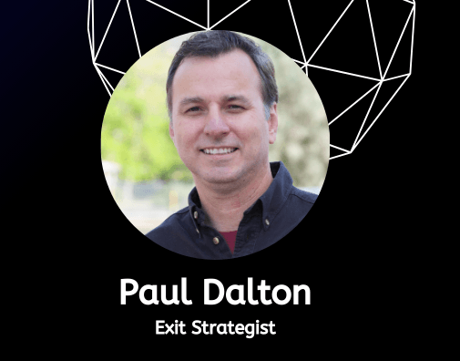 Portrait of Paul Dalton, an exit strategist, with a geometric background.